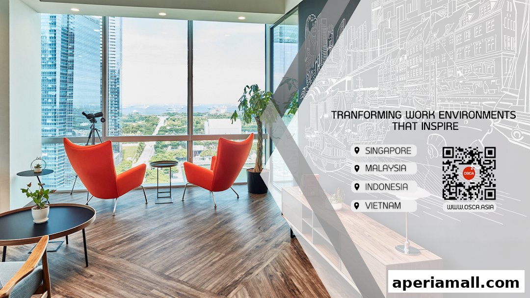 Modern office lounge with orange chairs, city view, and inspirational text about transforming work environments.