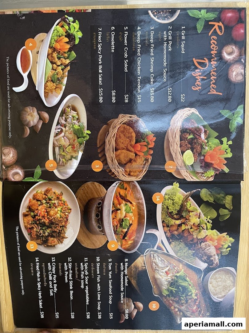 A menu from Im-Em Thai Kitchen showcasing recommended Thai dishes with vibrant food photography.