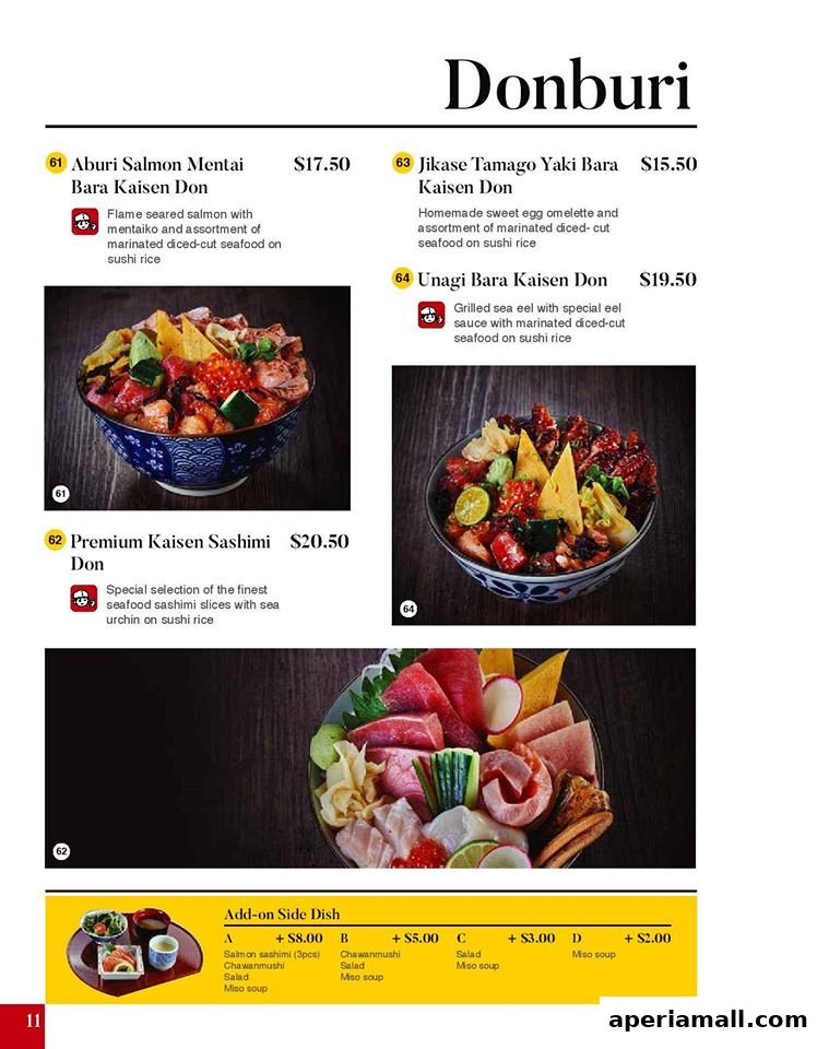 A menu page showcasing various Donburi dishes with prices and descriptions.