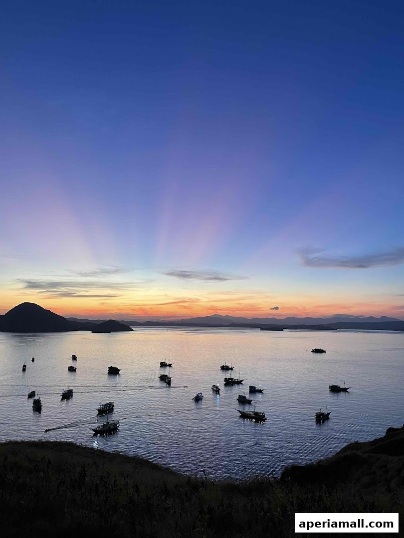 A serene sunset over the ocean with numerous boats anchored in the calm water.