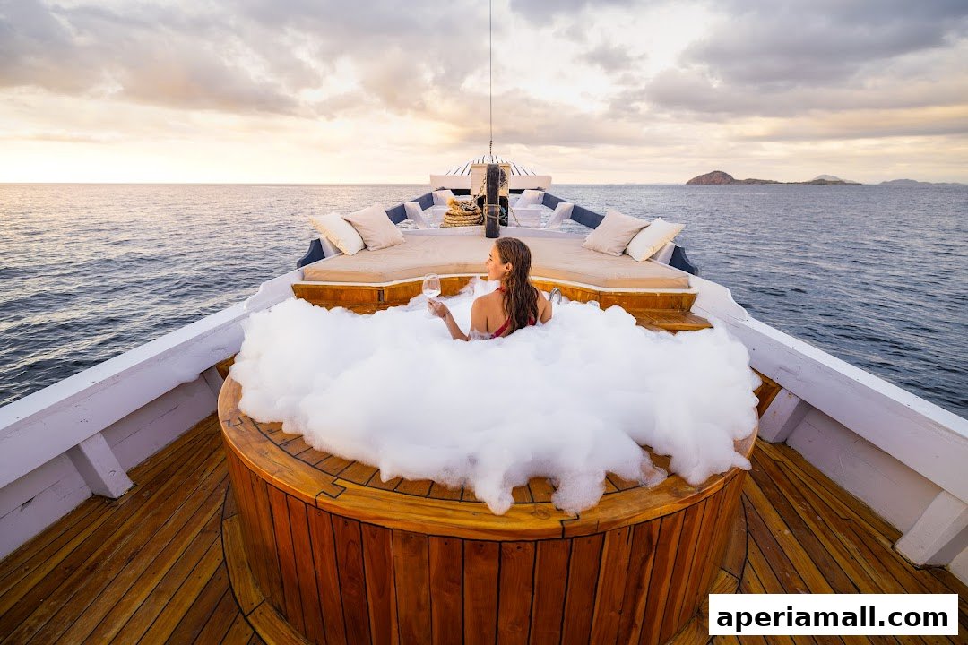A woman enjoys a bubble bath on the deck of a boat at sunset.