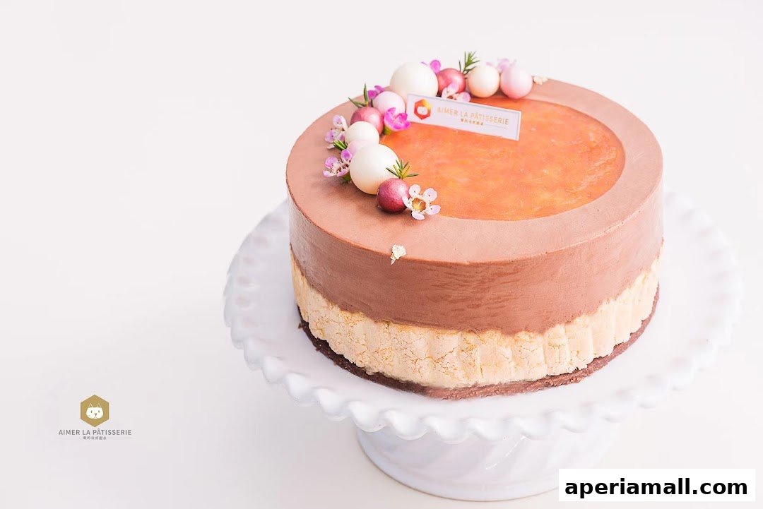 A beautifully decorated chocolate and fruit mousse cake on a white cake stand.