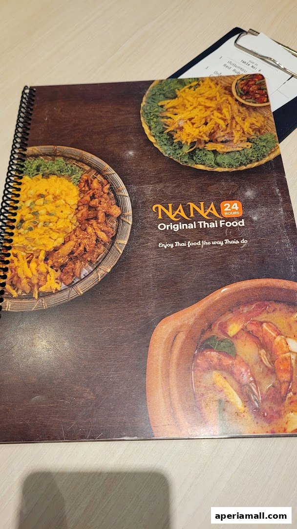 A menu from Nana Original Thai Food featuring images of Thai dishes and text.
