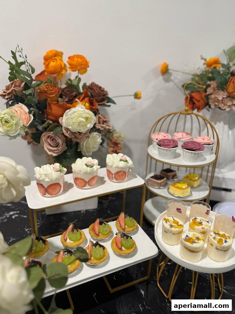 A display of beautifully decorated cupcakes, tarts, and desserts with floral arrangements.