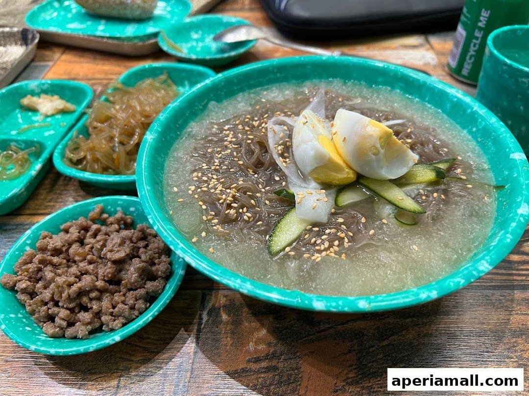 A close-up of a refreshing bowl of cold noodles with toppings and side dishes.