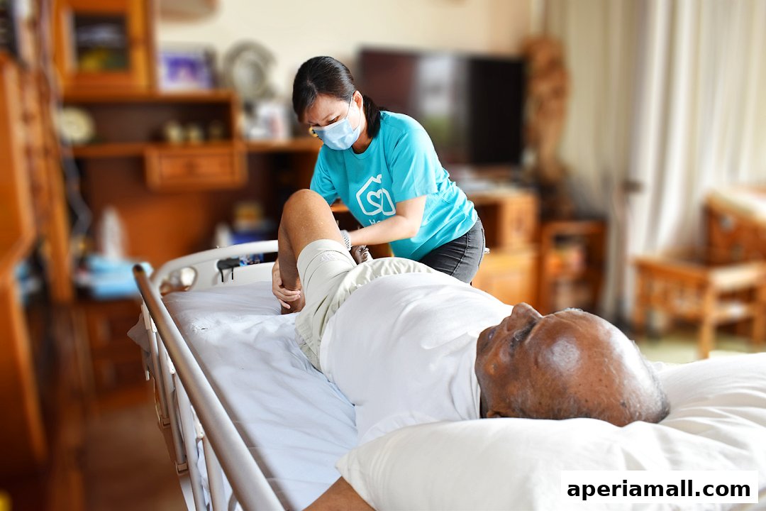 A caregiver assists an elderly man in a hospital bed at home.