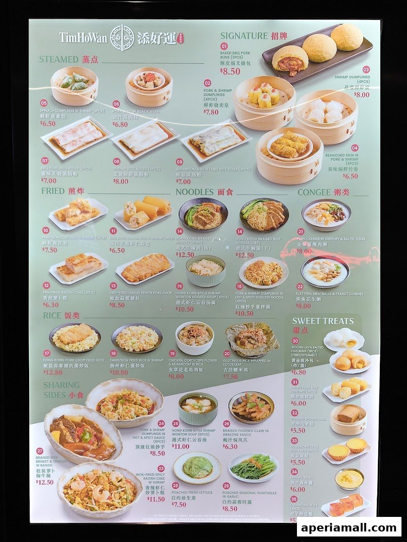 A menu from Tim Ho Wan showcasing various steamed, fried, noodle, congee, and sweet treat dishes.