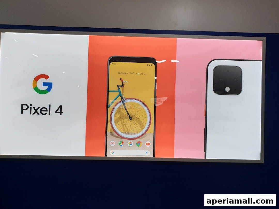 A display showcasing the Google Pixel 4 phone with its logo and a colorful background.