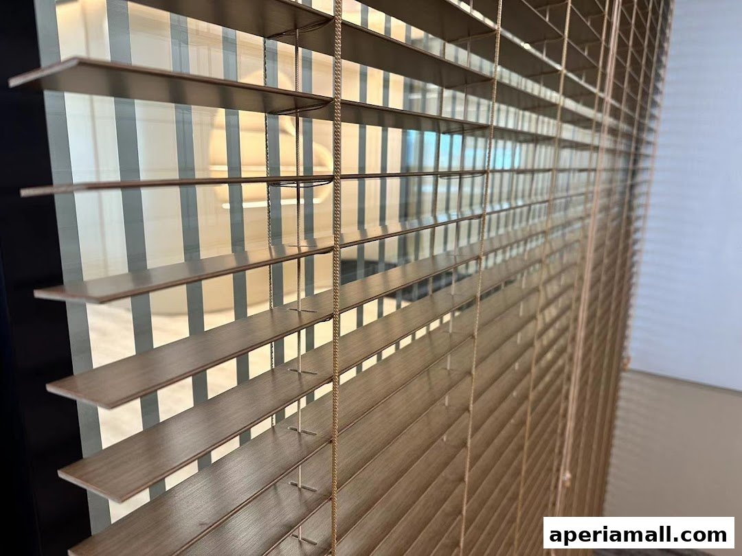 Close-up view of wooden blinds with a reflection of a modern interior in the background.