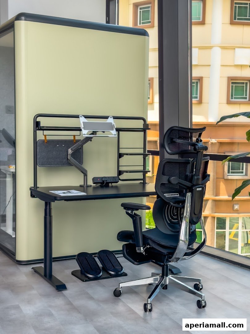 Ergonomic office setup with a height-adjustable desk, chair, and footrests.