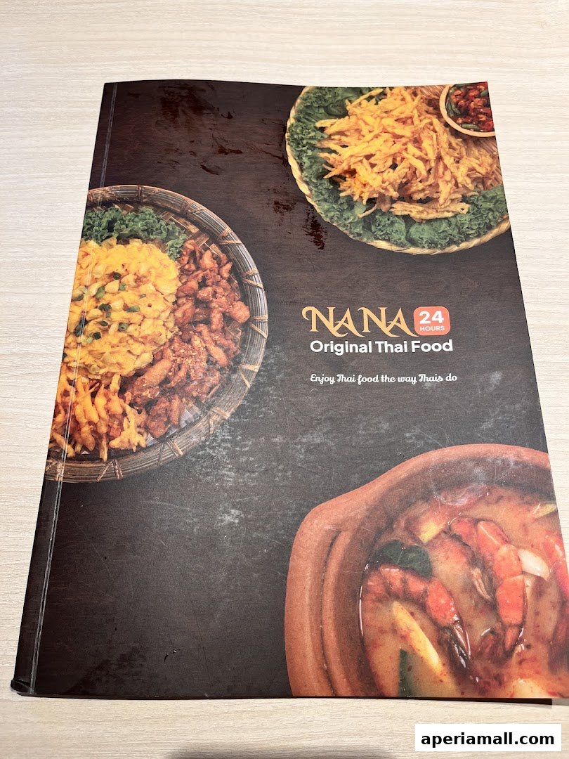 Cover of a menu for Nana Original Thai Food, featuring images of Thai dishes.