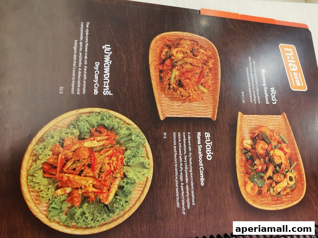 A menu page showcasing three Thai seafood dishes with descriptions and prices.