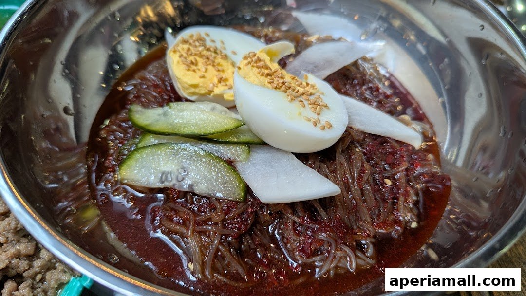 A close-up of a bowl of Korean cold noodles with egg, cucumber, and radish.