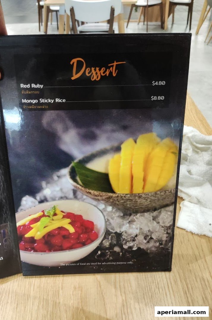 A menu from Im-Em Thai Kitchen featuring desserts like Red Ruby and Mango Sticky Rice.