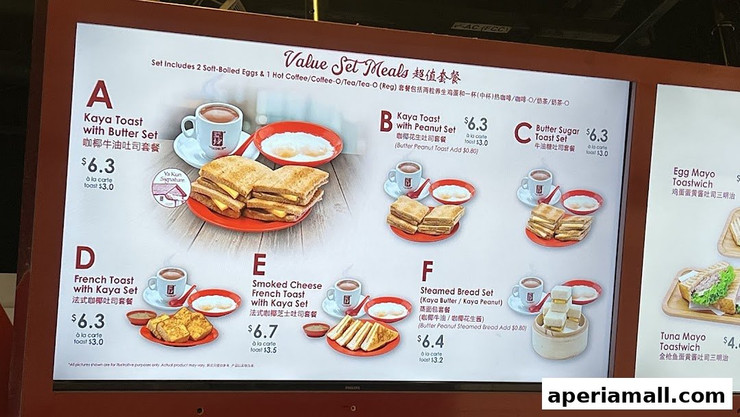 A menu board displaying various value set meals and toastwiches from Ya Kun Kaya Toast.