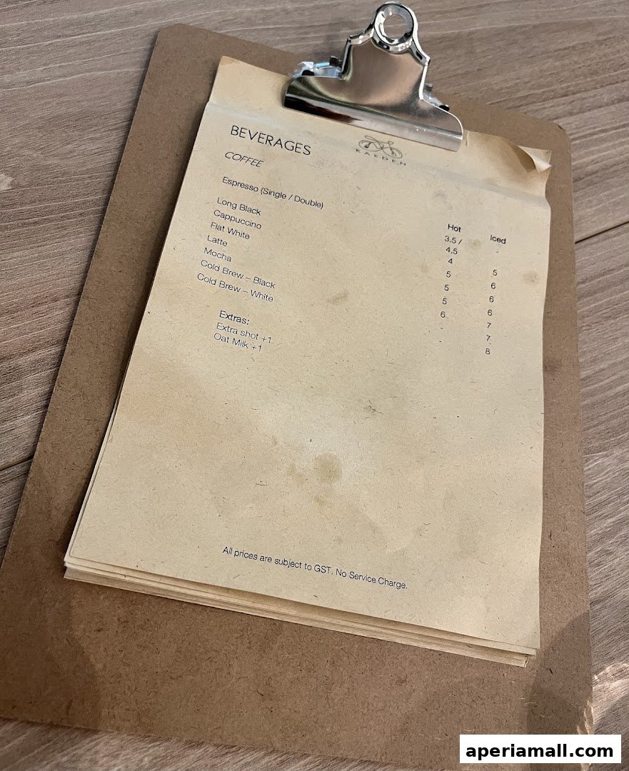 A menu from Kaeden cafe listing various coffee beverages and their prices.