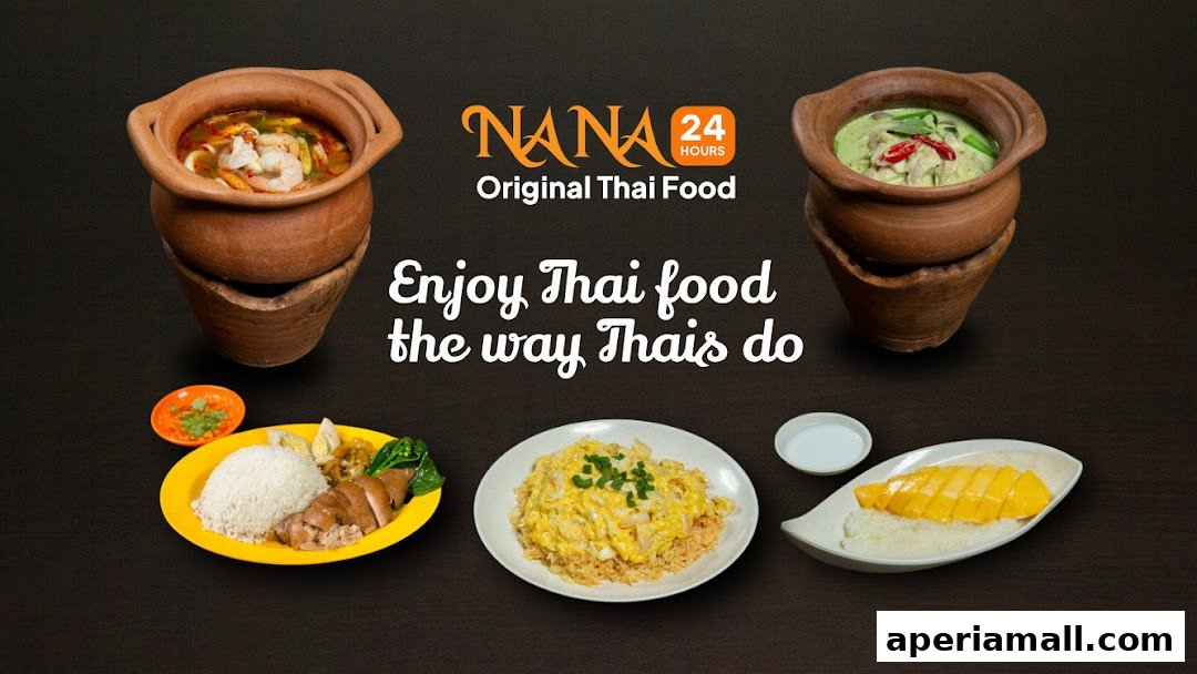 A spread of authentic Thai dishes, including Tom Yum soup, green curry, and mango sticky rice.