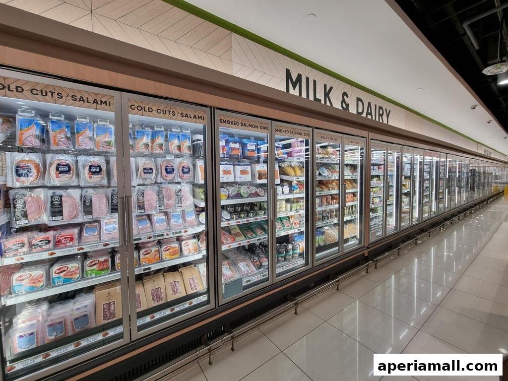 A long aisle of refrigerated display cases filled with various food products in a supermarket.
