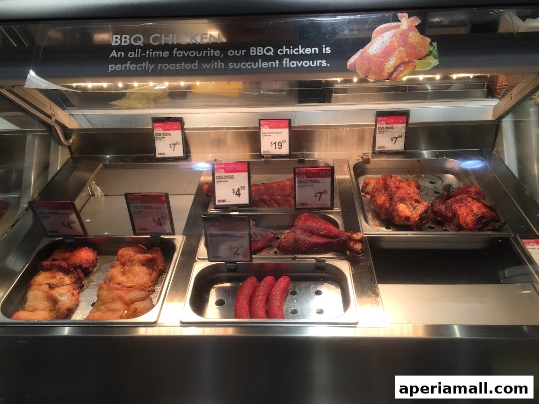 A display of various roasted chicken and turkey products with price tags.