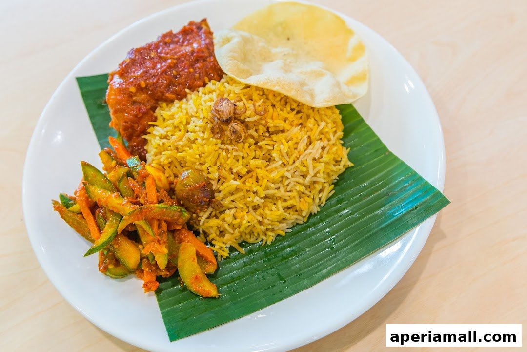A plate of biryani with chicken, salad, and papadum served on a banana leaf.