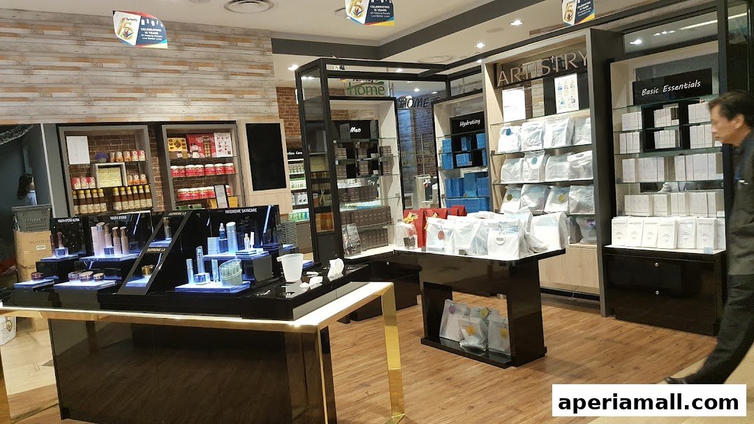 Interior view of a retail shop displaying skincare and beauty products on shelves and display stands.