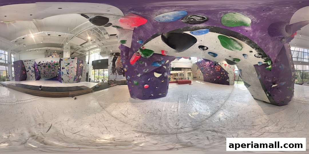 Interior view of a modern indoor rock climbing gym with colorful climbing walls and holds.