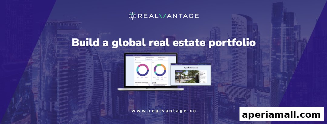RealVantage logo and slogan 'Build a global real estate portfolio' with laptop displaying charts.