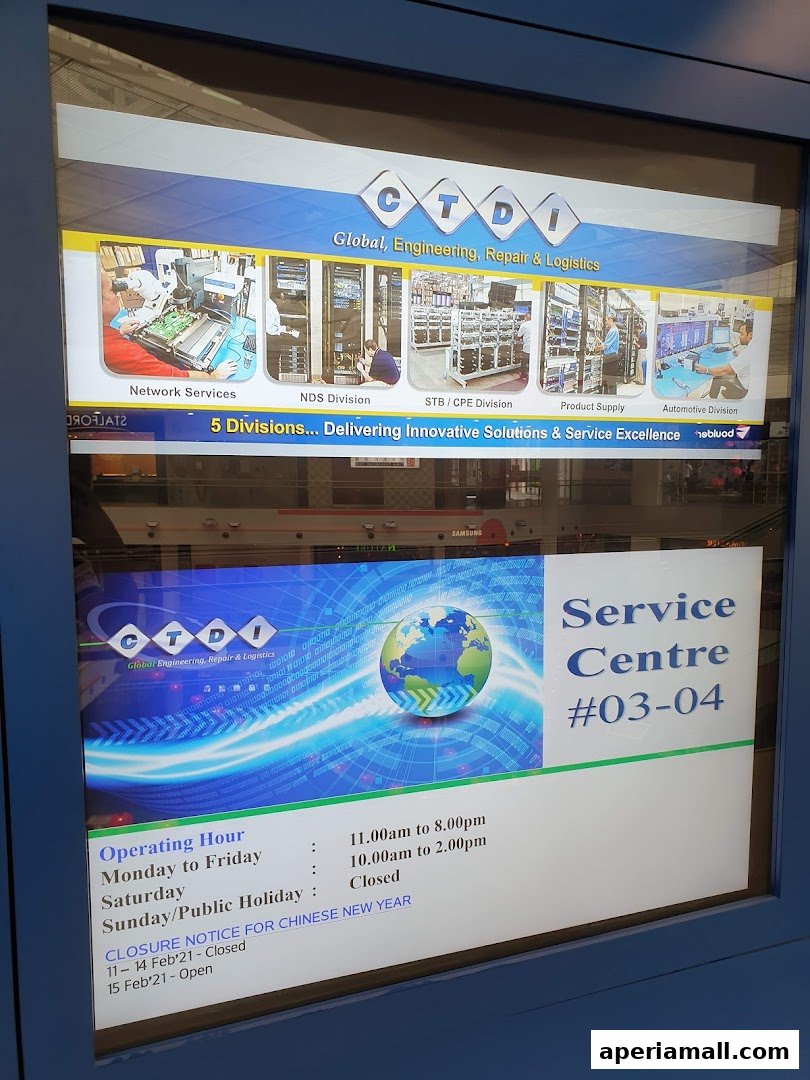 A digital display showcasing CTDI's services, divisions, and operating hours.