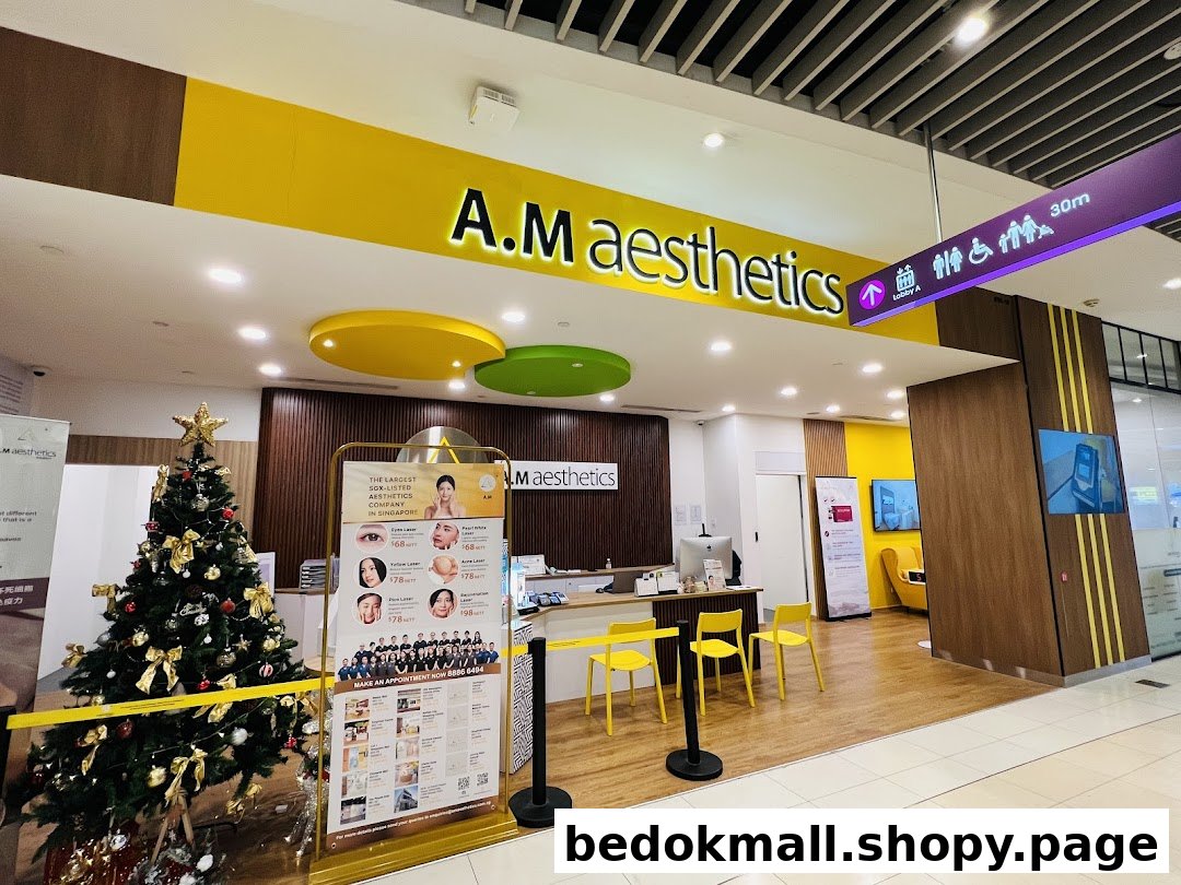Interior view of A.M Aesthetics shop entrance with reception and Christmas tree.