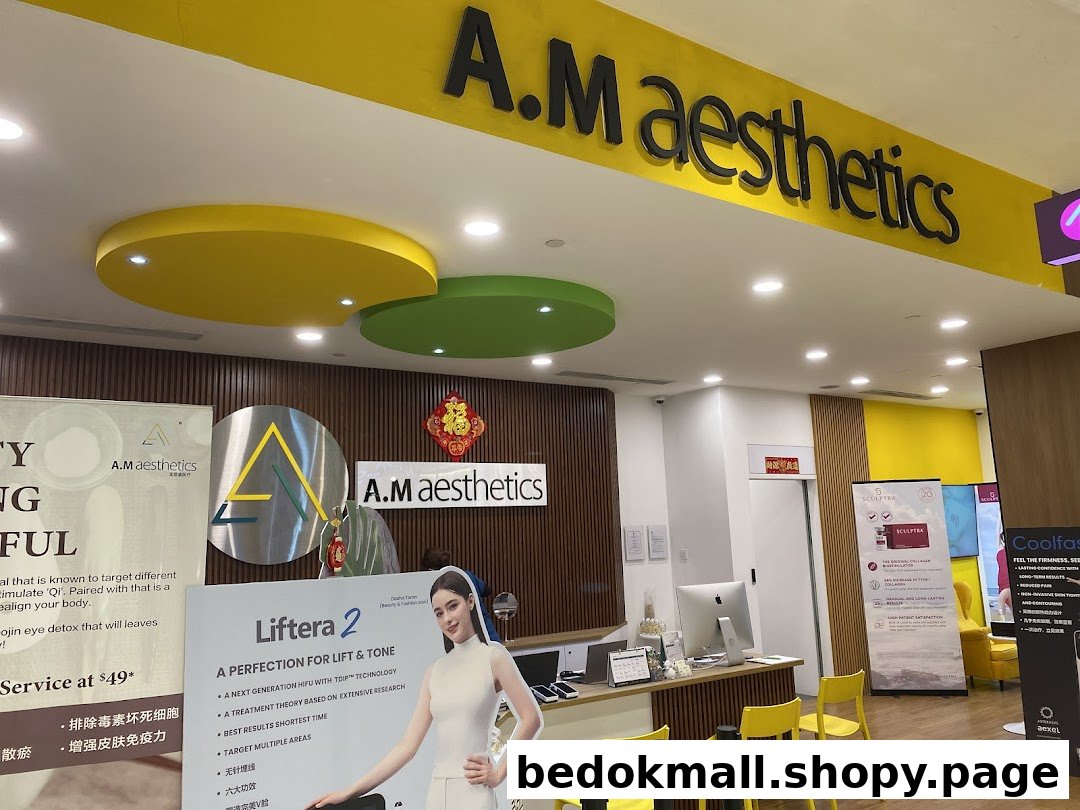 Interior view of an aesthetics clinic reception area with branding and promotional displays.