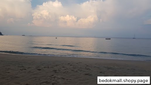 Beach scene with calm ocean, small waves, and distant boats under a cloudy sky.