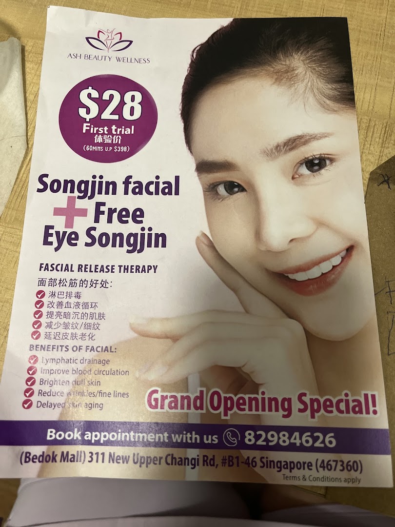 Flyer advertising a facial service with pricing, benefits, and contact information.