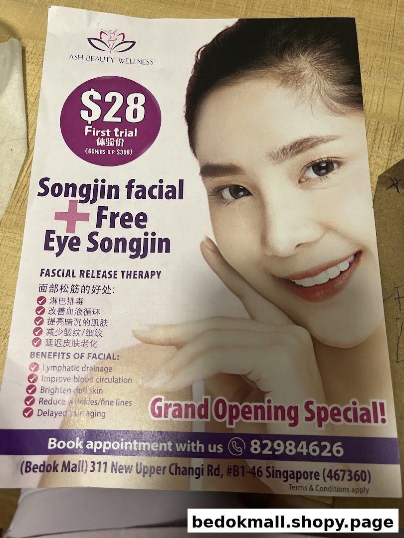 Flyer advertising a facial service with pricing, benefits, and contact information.