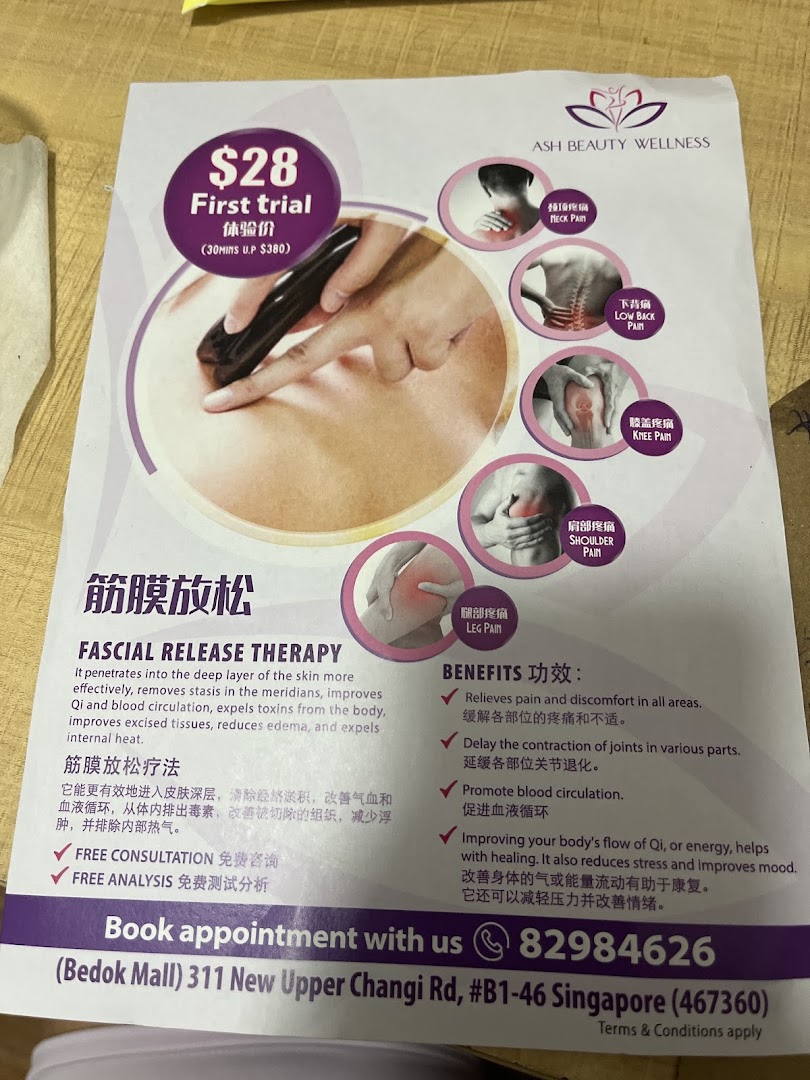 Flyer for Ash Beauty Wellness advertising fascial release therapy and pricing.