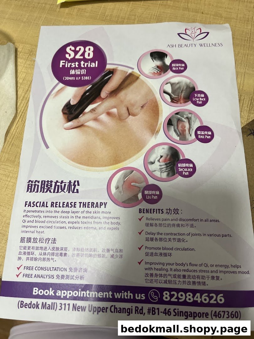 Flyer for Ash Beauty Wellness advertising fascial release therapy and pricing.