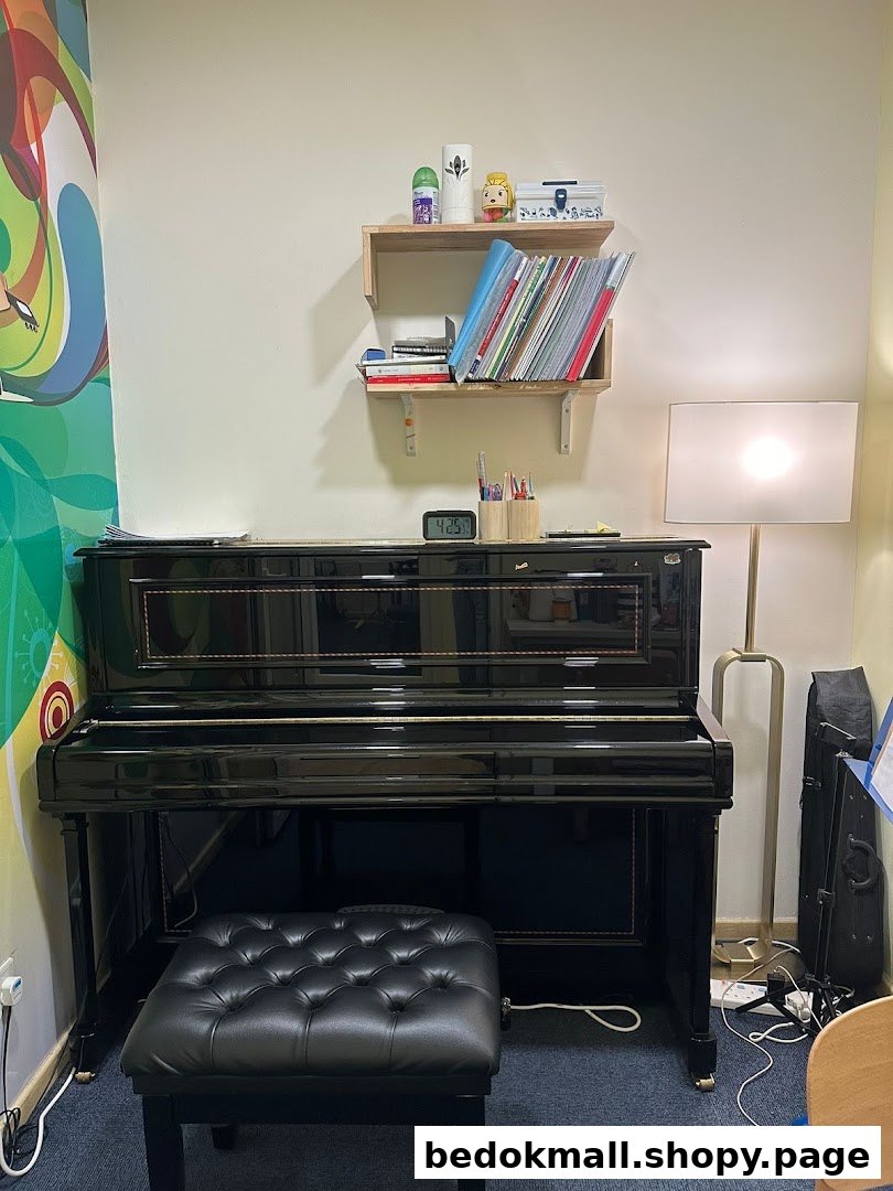 An interior shot of a music room with a black piano and shelves.