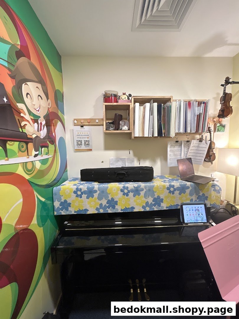 Music room interior with a piano, violins, music sheets, and a colorful mural.