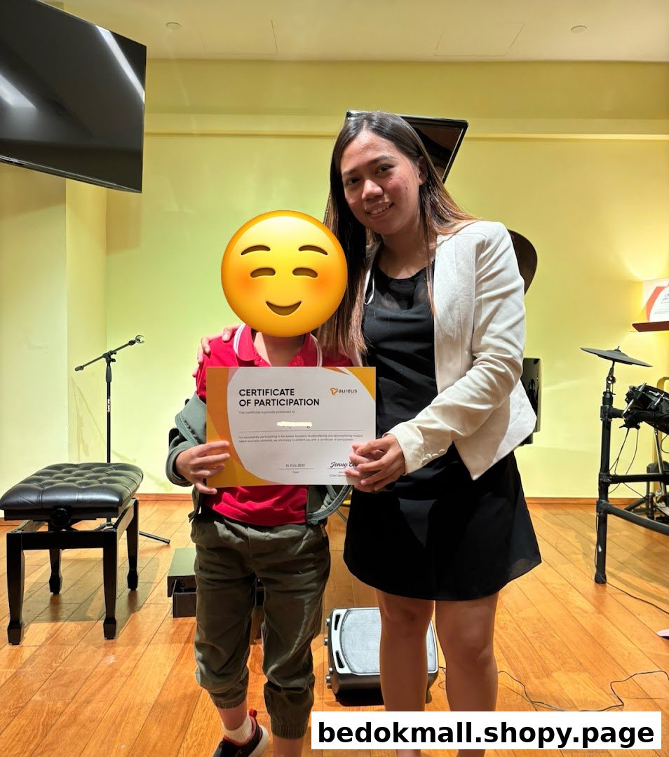 Two people holding a certificate in a music room setting.