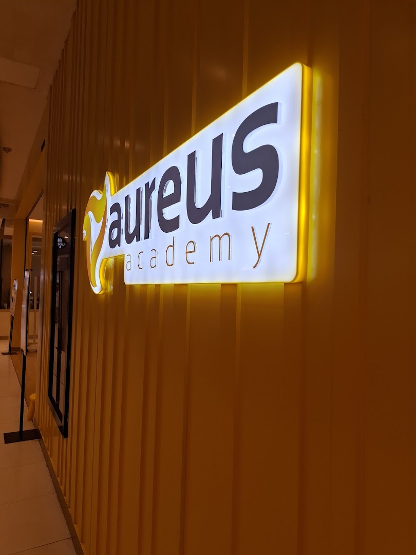 Brightly lit Aureus Academy sign on a yellow ribbed wall.