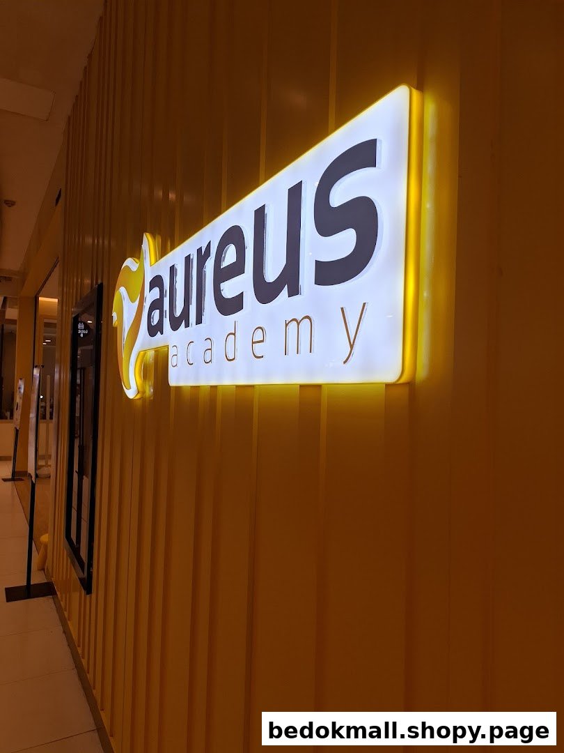 Brightly lit Aureus Academy sign on a yellow ribbed wall.