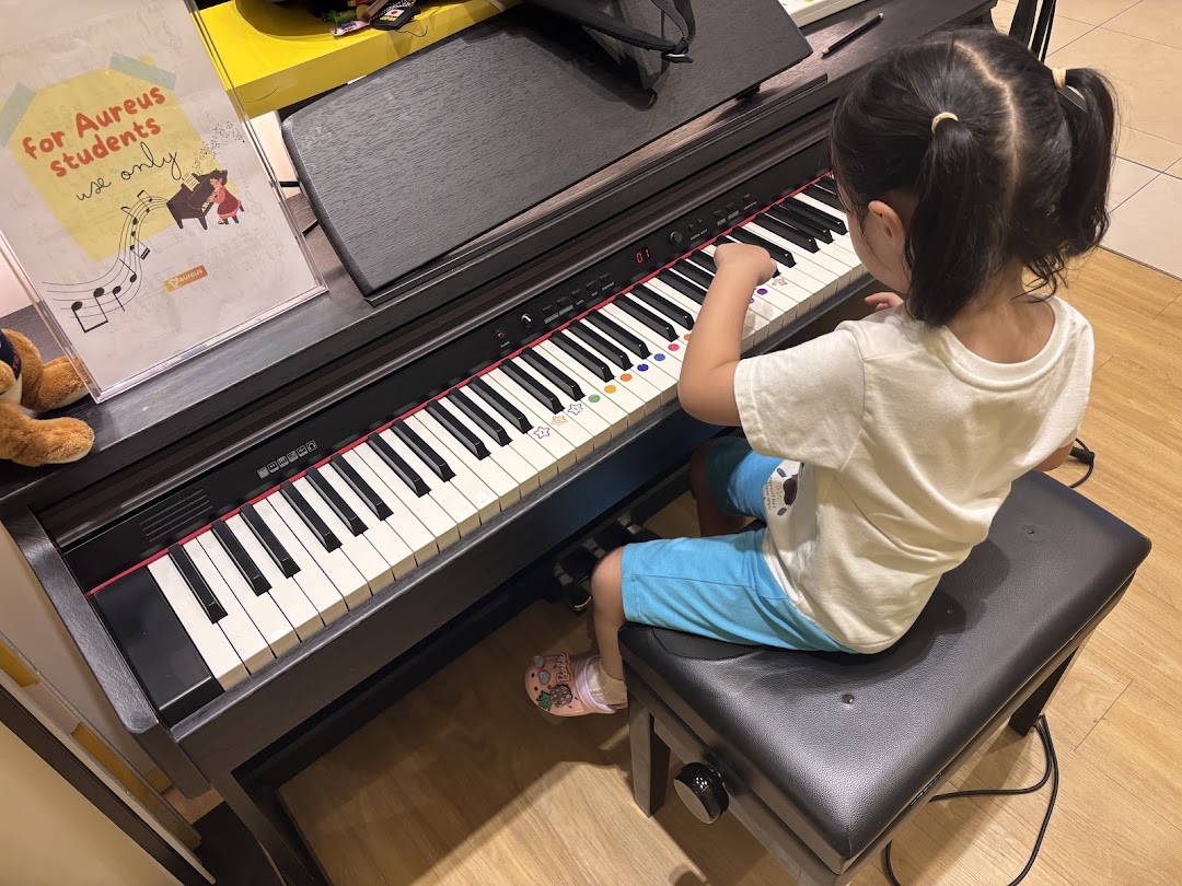 Young child playing a digital piano at a music academy.
