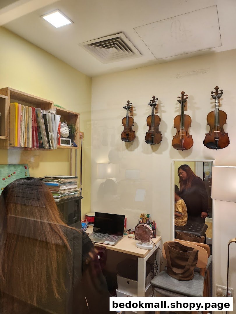Interior shot of a music academy with violins on display and a desk.