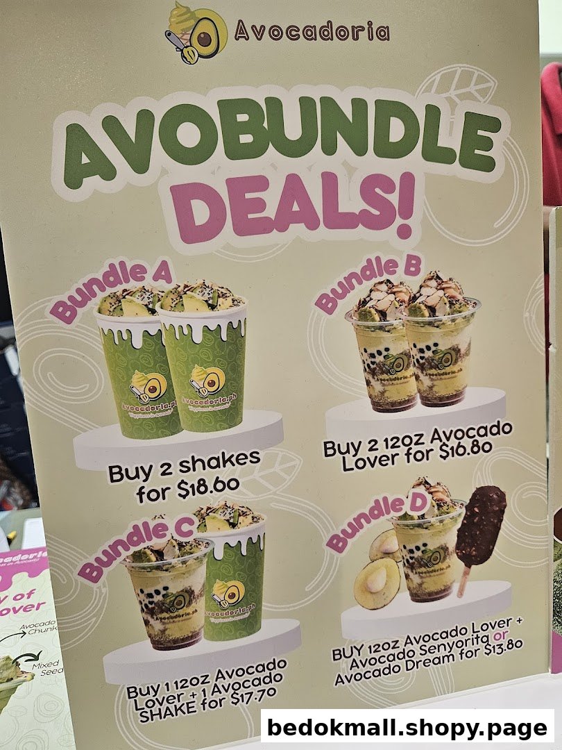 A sign displaying Avocadoria's avocado drink bundle deals with prices.