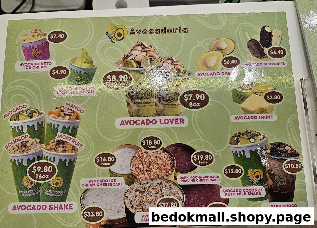 A menu displaying various avocado-themed desserts and drinks with prices.