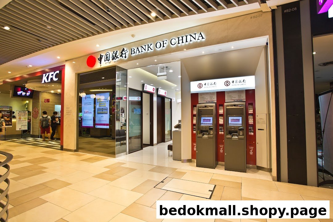 Front view of Bank of China and KFC entrances in a shopping mall.
