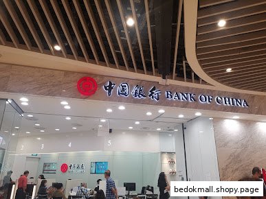 Interior view of Bank of China with customers and tellers.