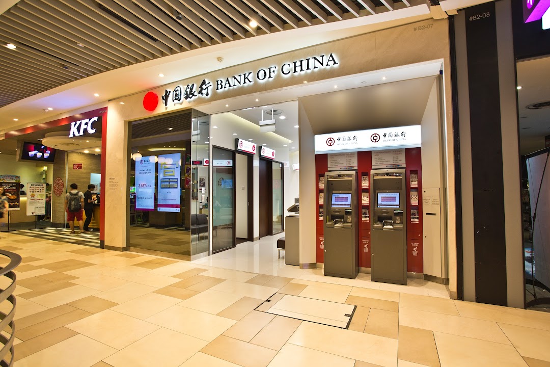 Exterior of Bank of China branch with ATMs and signage in a mall.