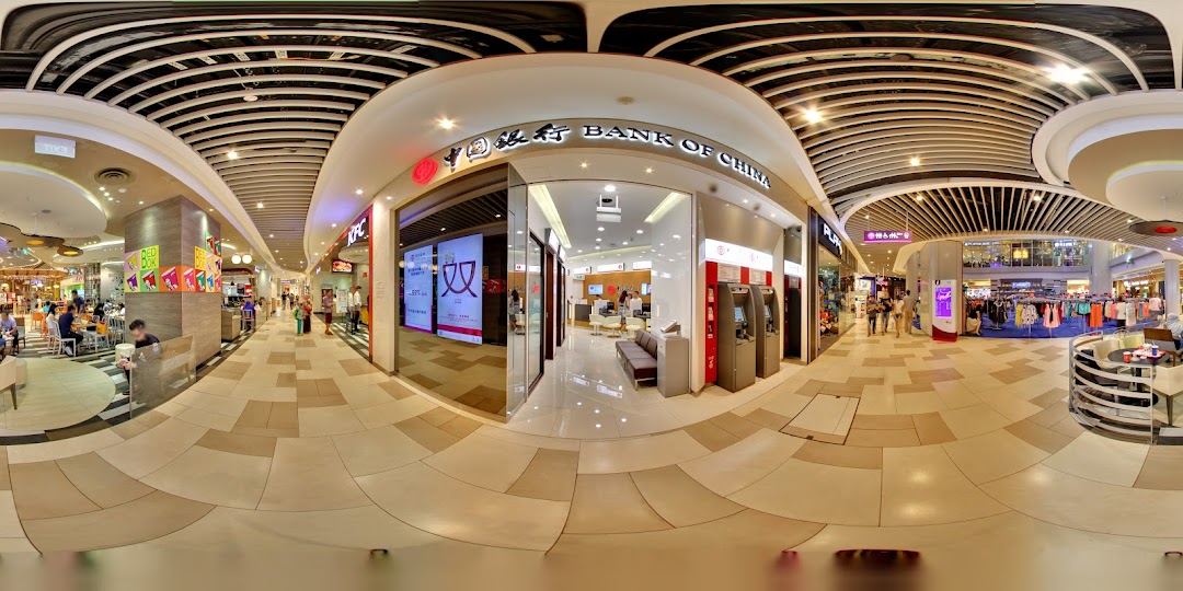 Bank of China entrance in a mall, showing interior and ATMs.
