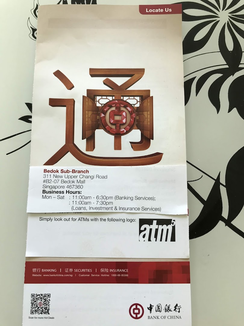 Informational flyer for Bank of China branch with address and business hours.