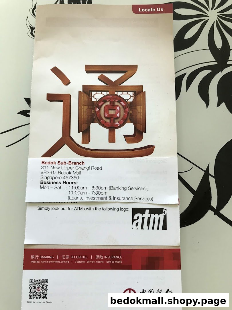 Informational flyer for Bank of China branch with address and business hours.